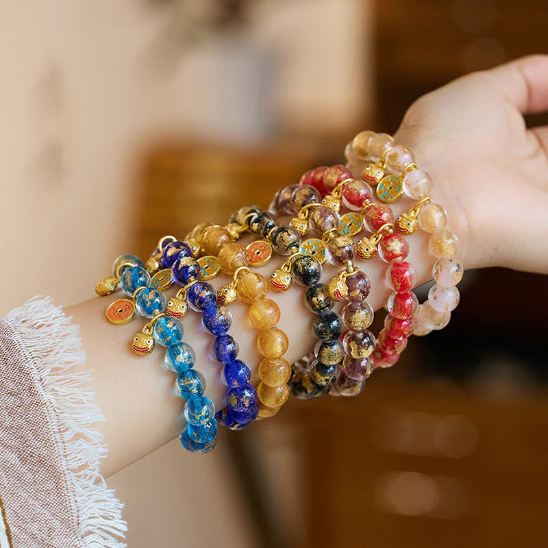 Buddha Stones, bestia tragadora de oro, moneda de cobre, amuleto de buena suerte, pulsera de fortuna con cuentas de vidrio Liuli
