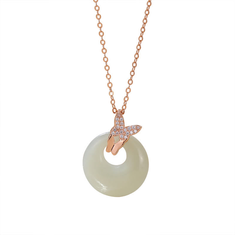 Collar con colgante de plata de ley 925 con Buddha Stones , Jade Natural Hetian, circonita, mariposa, suerte