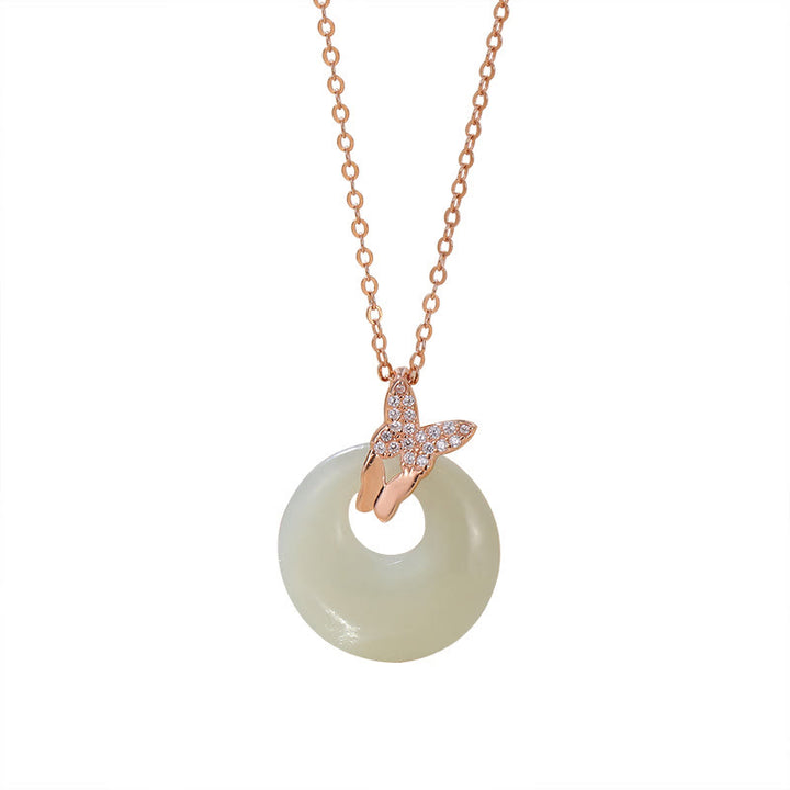 Collar con colgante de plata de ley 925 con Buddha Stones , Jade Natural Hetian, circonita, mariposa, suerte