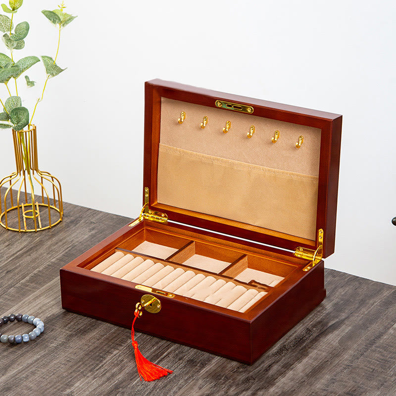 Caja de joyería de madera vintage con Buddha Stones, caja de almacenamiento de joyería de madera maciza de dos capas