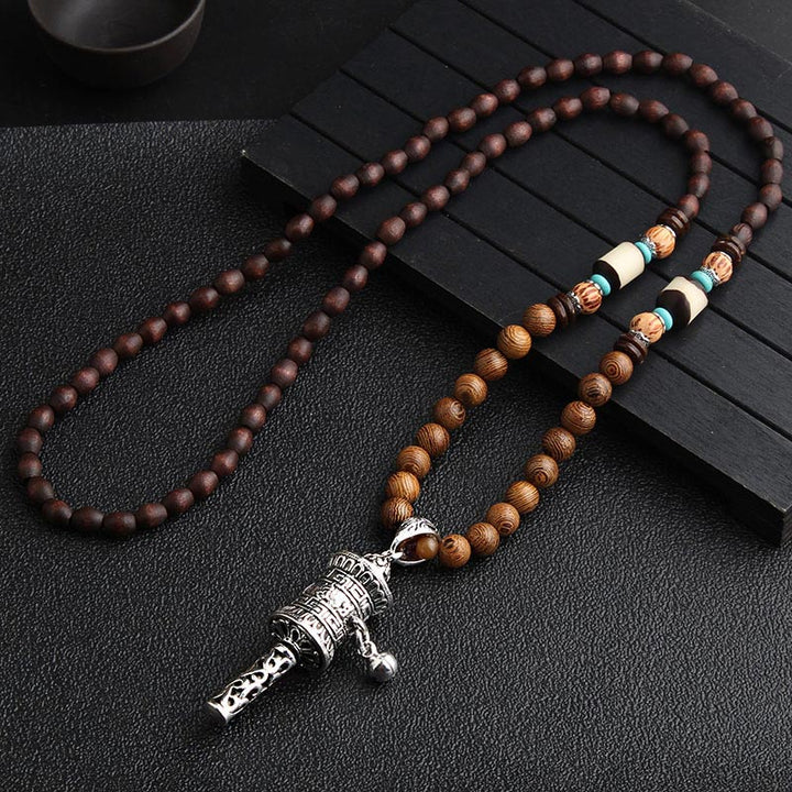 Collar de meditación de madera de wengué con cuentas Dzi de turquesa y Buddha Stones - Rueda de oración plateada - image 7