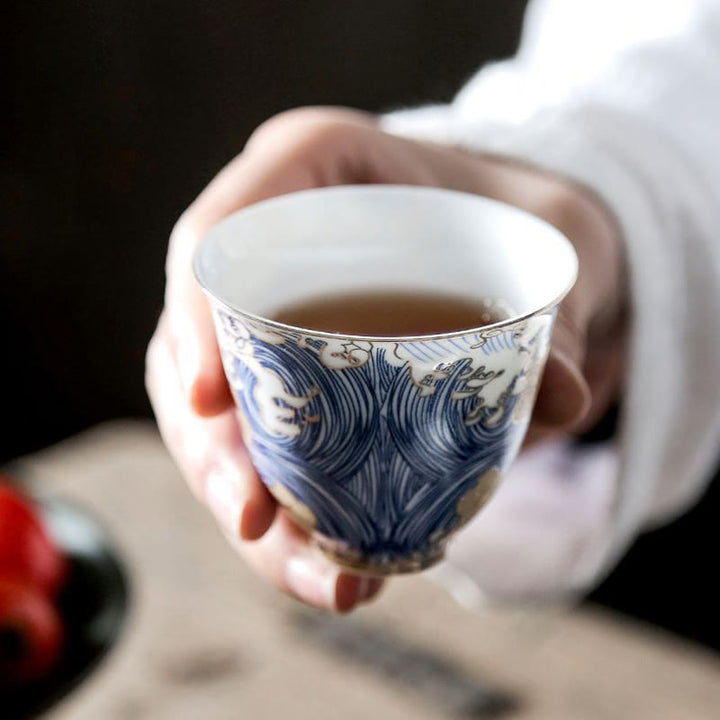 Tazas de té de cerámica con ondas del océano y el mar Vintage de Buddha Stones