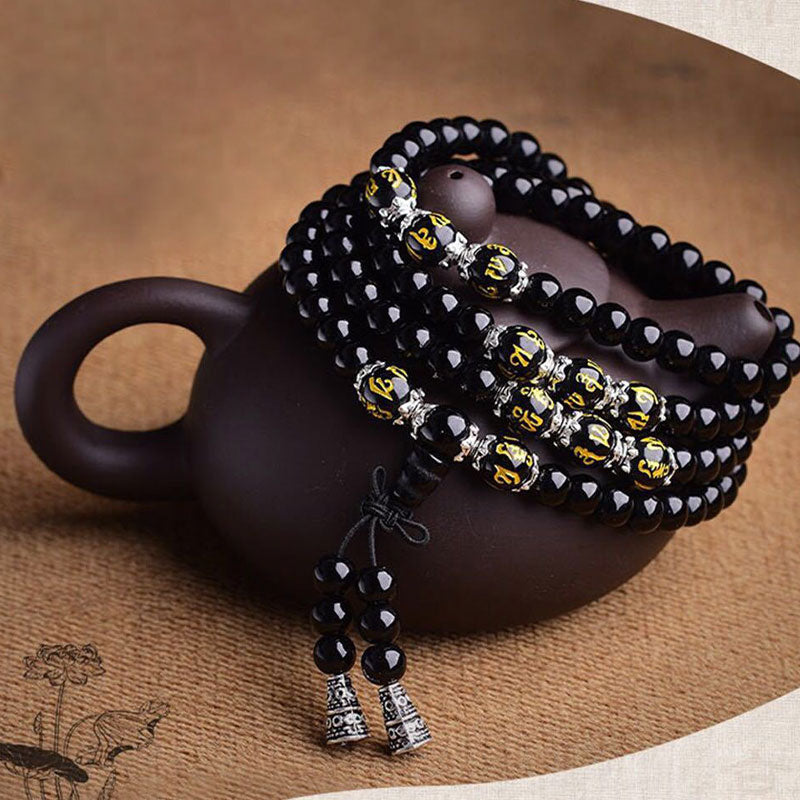Pulsera Mala de protección con seis palabras verdaderas de obsidiana negra con Buddha Stones