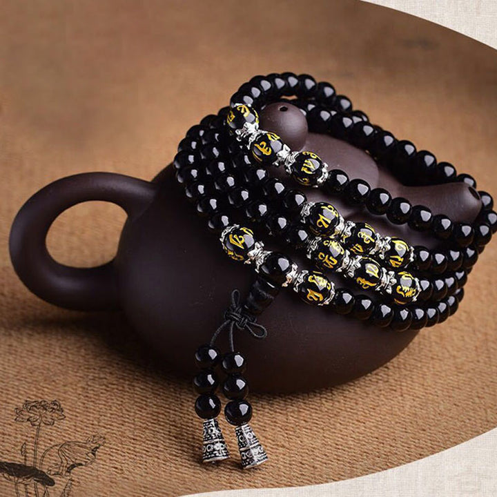 Pulsera Mala de protección con seis palabras verdaderas de obsidiana negra con Buddha Stones