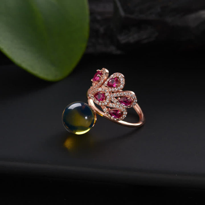 Anillo con colgante de collar de amor de fortuna de ámbar de pavo real
