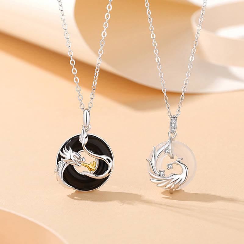 Buddha Stones Plata de Ley 925 Año del Dragón Ónix Negro Natural Calcedonia Dragón Fénix Paz Hebilla Collar Colgante - image 0