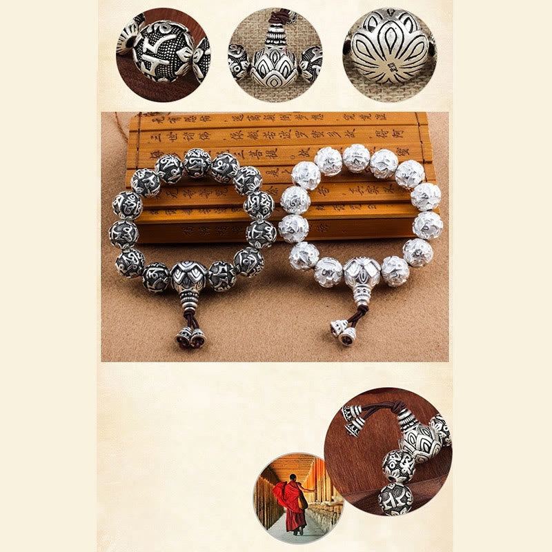 Pulsera de amuleto de cuentas de aleación talladas Om Mani Padme Hum tibetano con Buddha Stones