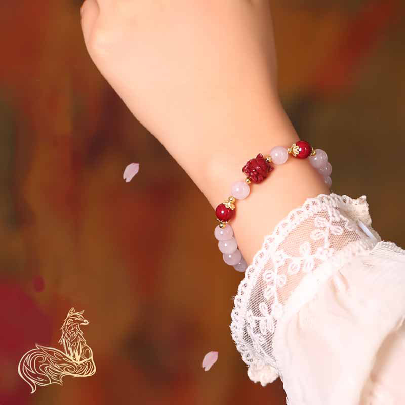 Pulsera de amor de zorro de nueve colas de cinabrio de cristal rosa natural con Buddha Stones