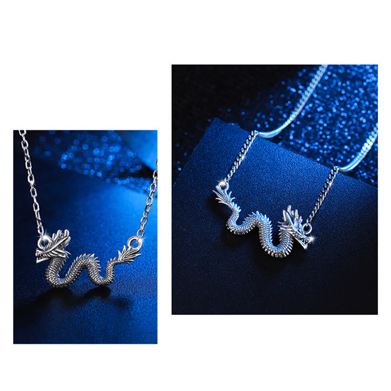 Colgante de cadena de protección de dragón auspicioso del Año del Dragón de Plata de Ley 925 con Buddha Stones