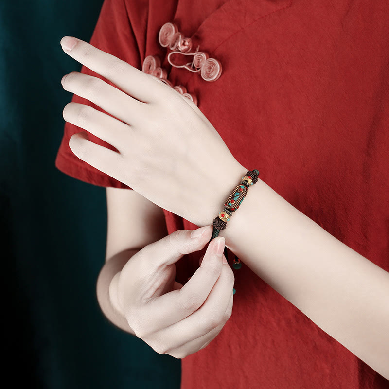 Pulsera trenzada de fuerza Om Mani Padme Hum de turquesa tibetana hecha a mano con Buddha Stones