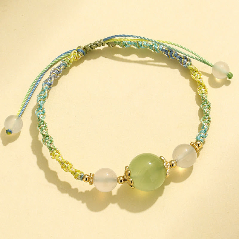 Pulsera de cuerda curativa con cuentas de ágata blanca y prehnita de cristal rosa de cuarzo fresa con Buddha Stones