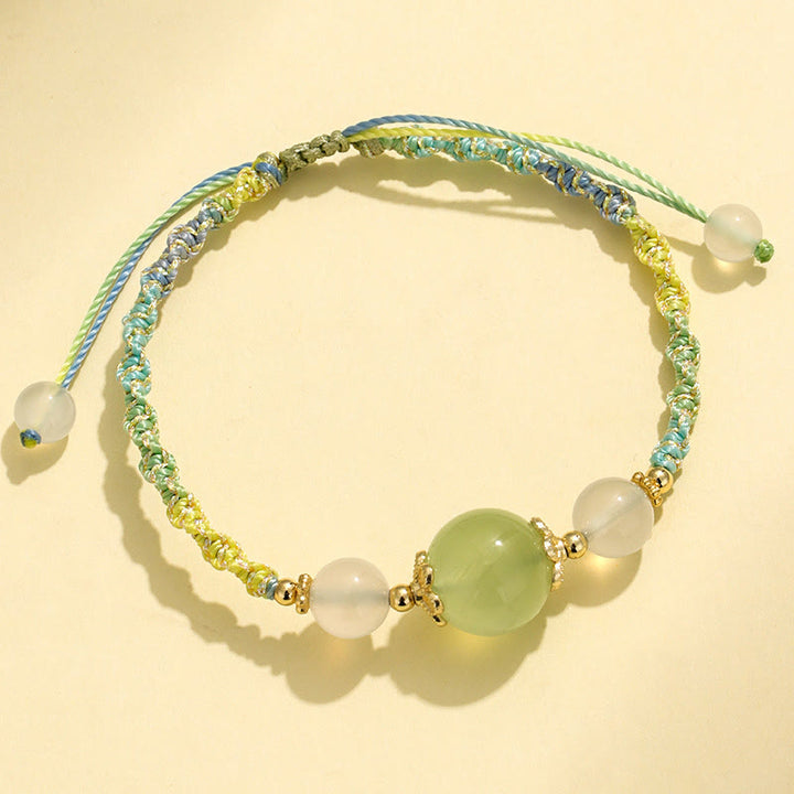 Pulsera de cuerda curativa con cuentas de ágata blanca y prehnita de cristal rosa de cuarzo fresa con Buddha Stones
