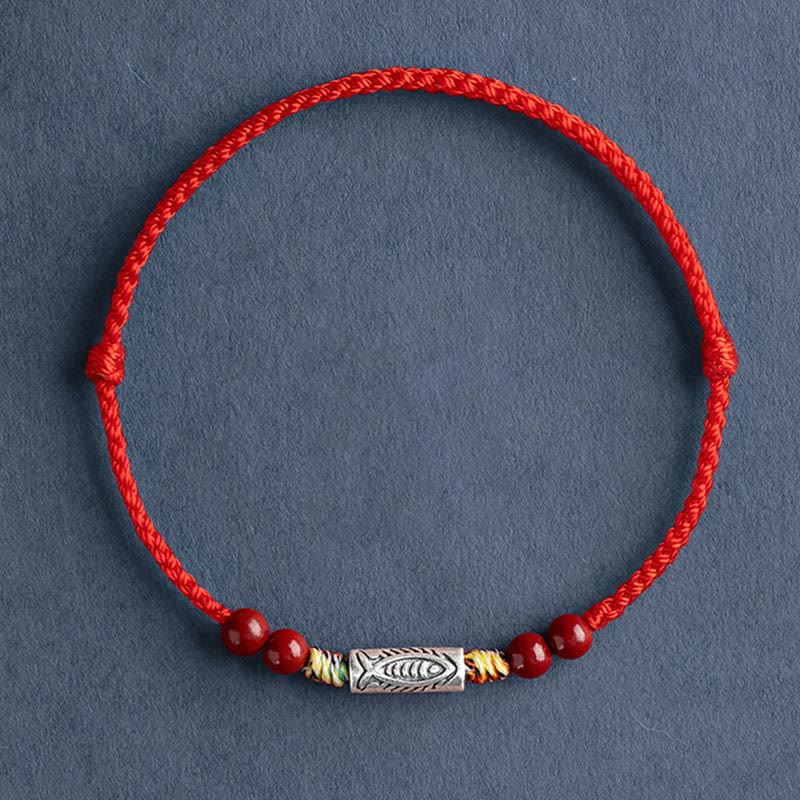 Pulsera tobillera trenzada hecha a mano con cuentas de cinabrio y pez Koi de plata de ley 925 con Buddha Stones
