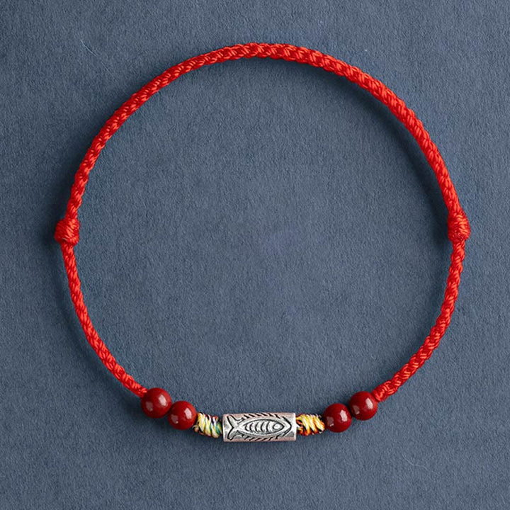 Pulsera tobillera trenzada hecha a mano con cuentas de cinabrio y pez Koi de plata de ley 925 con Buddha Stones