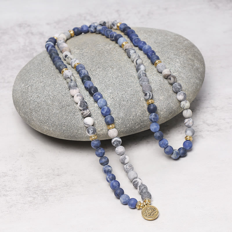 Pulsera con colgante de loto con cuentas de Mala de piedra azul y jaspe Picasso Natural 108 de Buddha Stones