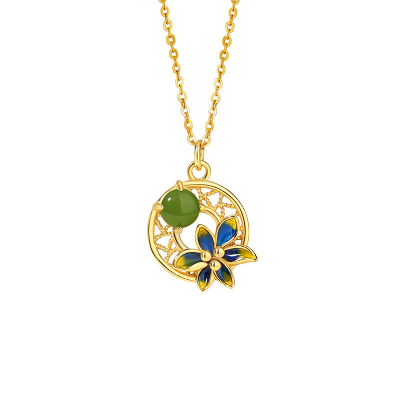 Juego de pendientes y anillo con colgante de flor de Jade cian hetiano Natural de plata de ley 925 con Buddha Stones