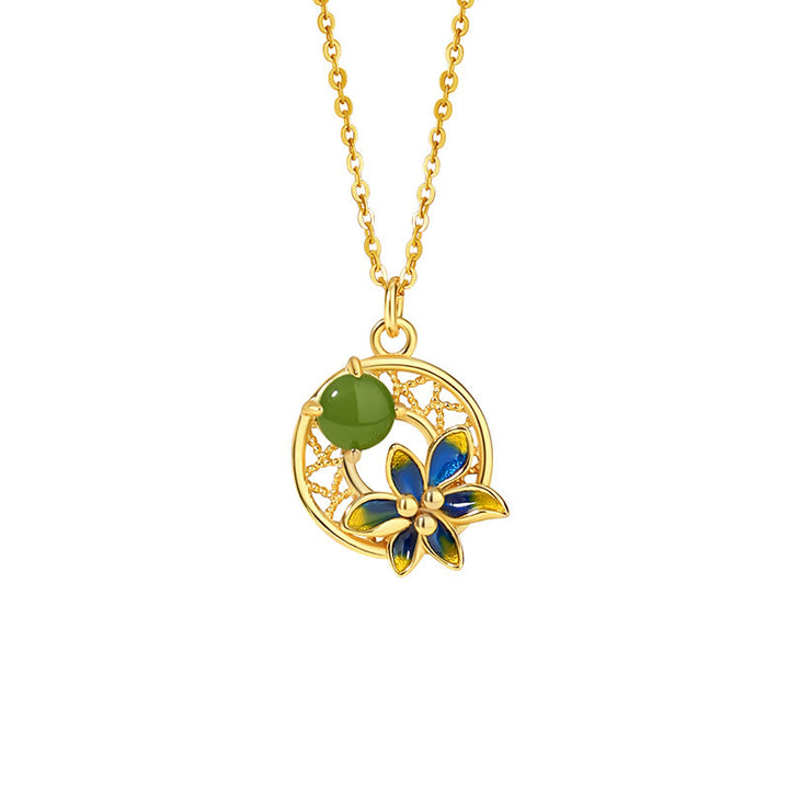 Juego de pendientes y anillo con colgante de flor de Jade cian hetiano Natural de plata de ley 925 con Buddha Stones