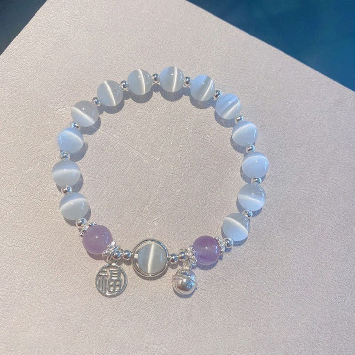 Pulsera de soporte con dije de campana con personaje Fu de amatista y ojo de gato con Buddha Stones