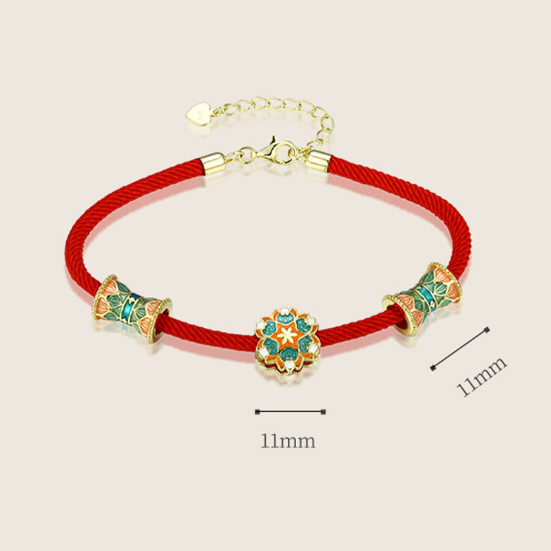 Pulsera de cuerda roja de nuevo comienzo con tambor de loto de Plata de Ley 925 de Buddha Stones Dunhuang
