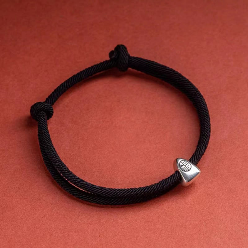 Pulsera trenzada hecha a mano con bendición de personaje Fu de plata de ley 925 con Buddha Stones - Negro - image 13
