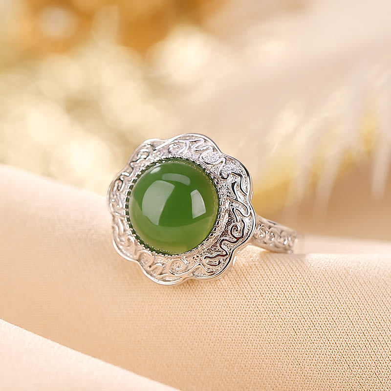 Anillo ajustable de la suerte con diseño de flor de jade cian hetiano de plata de ley 925 con Buddha Stones