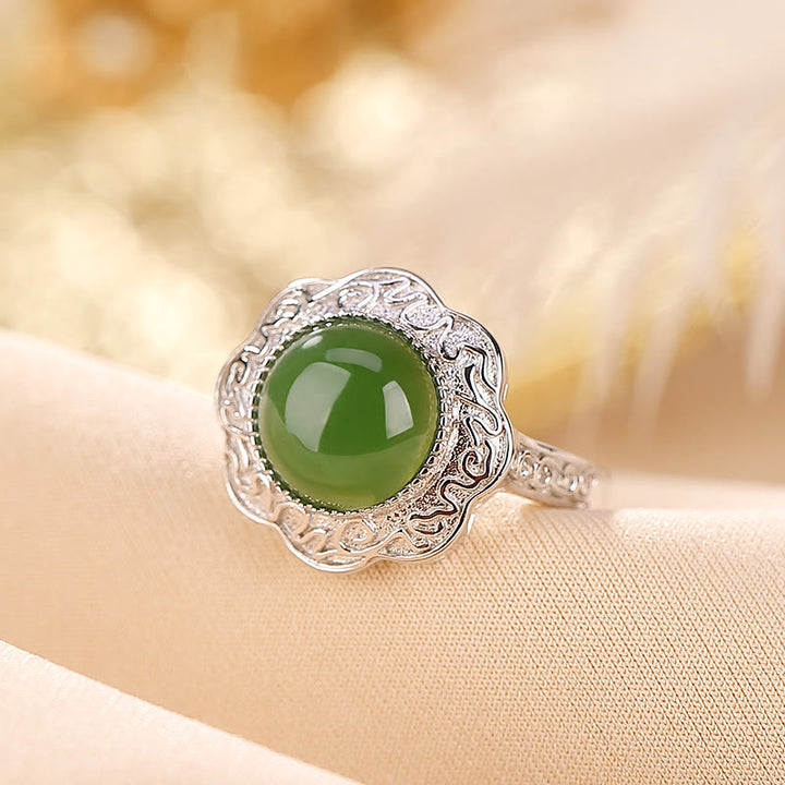 Anillo ajustable de la suerte con diseño de flor de jade cian hetiano de plata de ley 925 con Buddha Stones