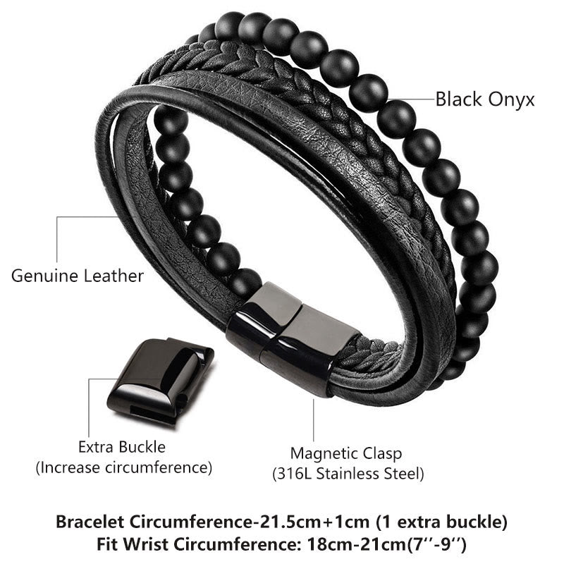 Pulsera de cuero con cuentas de ónix negro y roca de lava natural con Buddha Stones