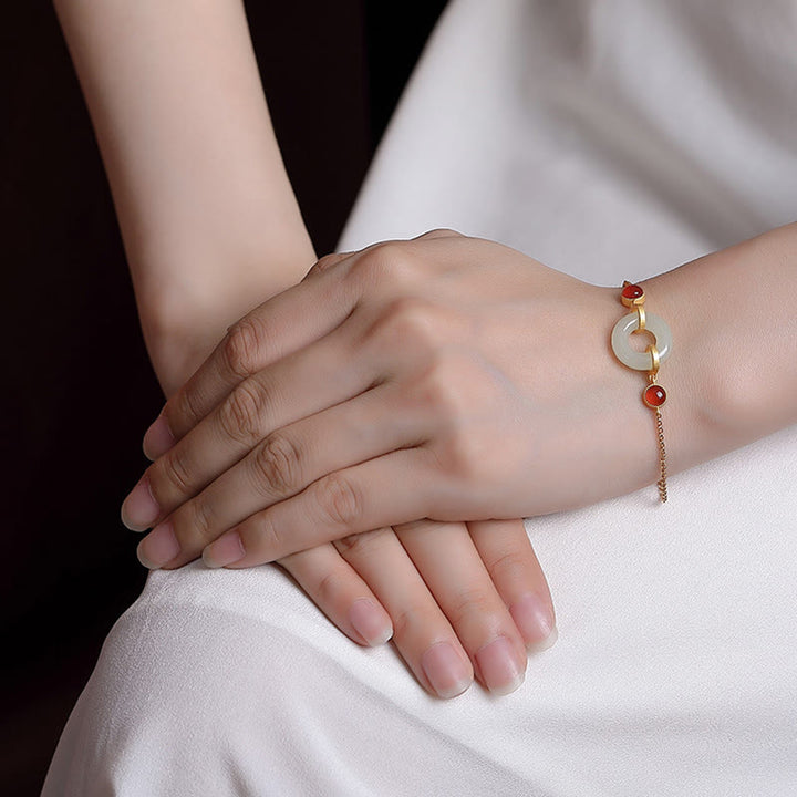 Pulsera de la Buddha Stones, Plata de Ley 925 chapada en oro, Jade Hetiano Natural, hebilla de la paz, ágata roja