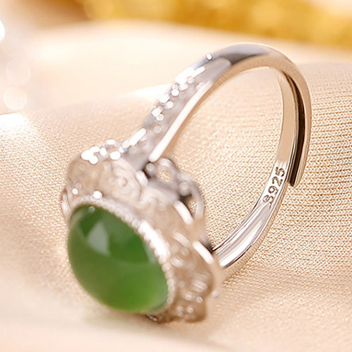 Anillo ajustable de la suerte con diseño de flor de jade cian hetiano de plata de ley 925 con Buddha Stones