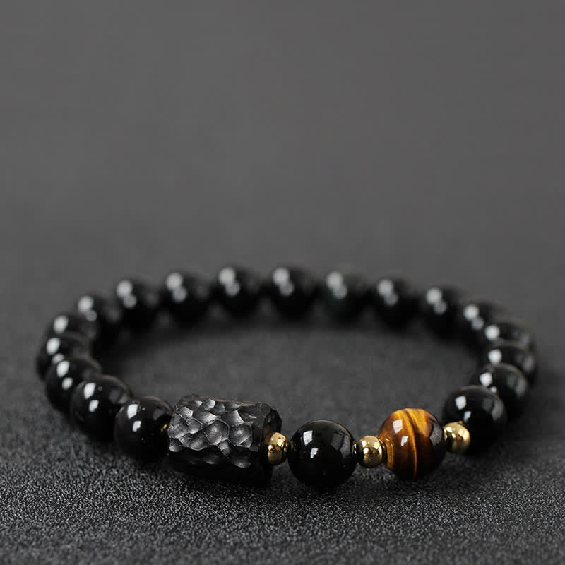 Pulsera de pareja de fuerza de ojo de tigre rojo de madera de ébano de obsidiana negra
