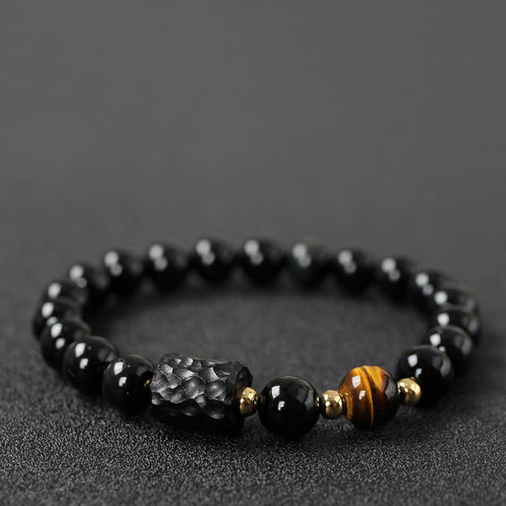 Pulsera de pareja de fuerza de ojo de tigre rojo de madera de ébano de obsidiana negra