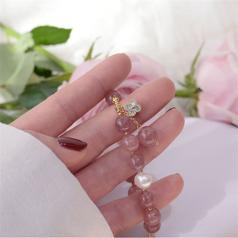 Pulsera de amor con trébol de cuatro hojas y perlas de cuarzo fresa natural con Buddha Stones