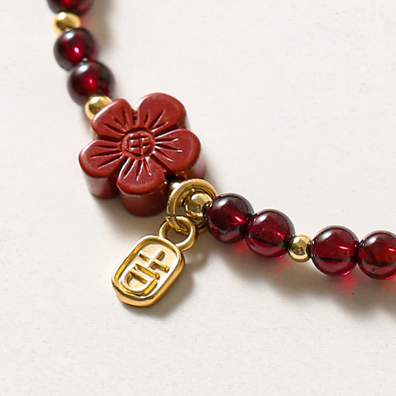 Pulsera tranquila con flor de cinabrio y granate natural de oro de 14 quilates con Buddha Stones - image 5
