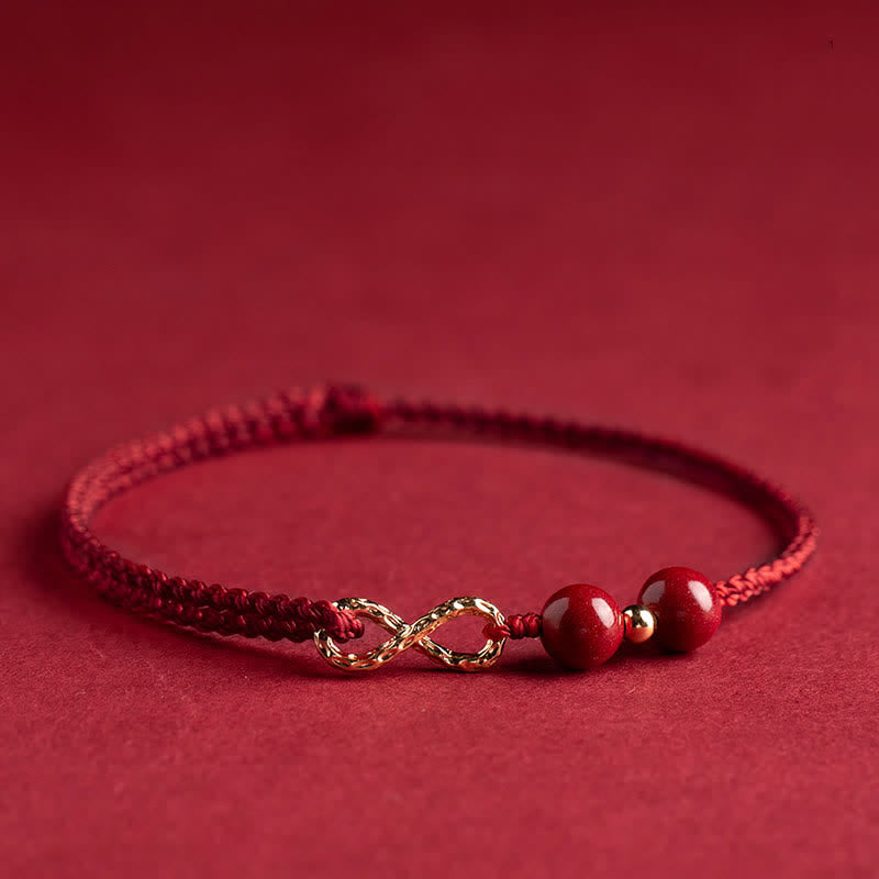 Pulsera tobillera con símbolo del infinito de oro de 14 quilates con hilo rojo y bendición de cinabrio con Buddha Stones