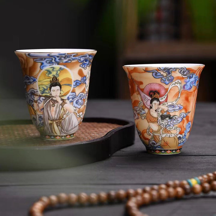 Taza de té de Kung Fu con Buddha Stones, Color Dunhuang, Apsaras voladoras