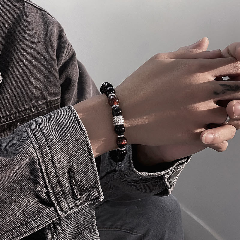 Pulsera de cumplimiento de fuerza de ojo de tigre de obsidiana negra natural con Buddha Stones