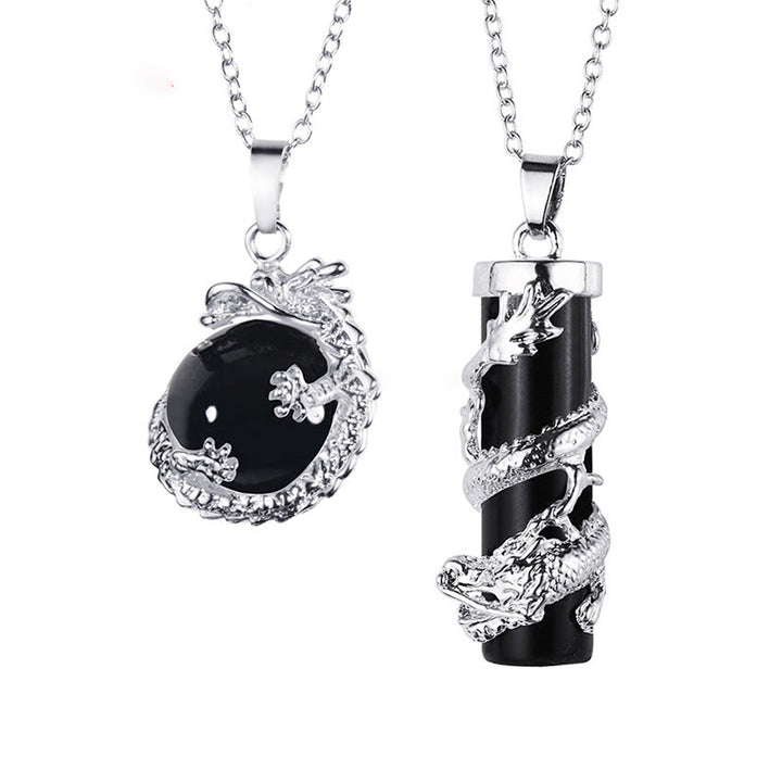 Buddha Stones 2 piezas dragón envuelto bola redonda piedra preciosa pareja collar colgante