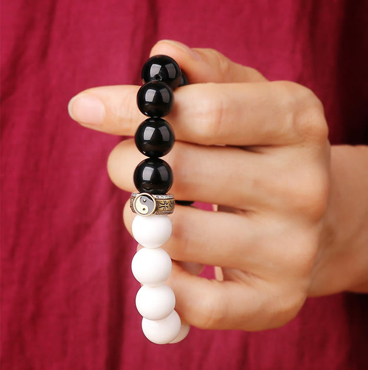 Pulsera de fuerza Yin Yang de concha blanca de obsidiana negra de plata de ley 925 con Buddha Stones