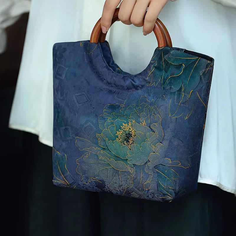 Bolso de mano con mango de madera maciza, Buddha Stones , flor de peonía, hojas de bambú, pájaro