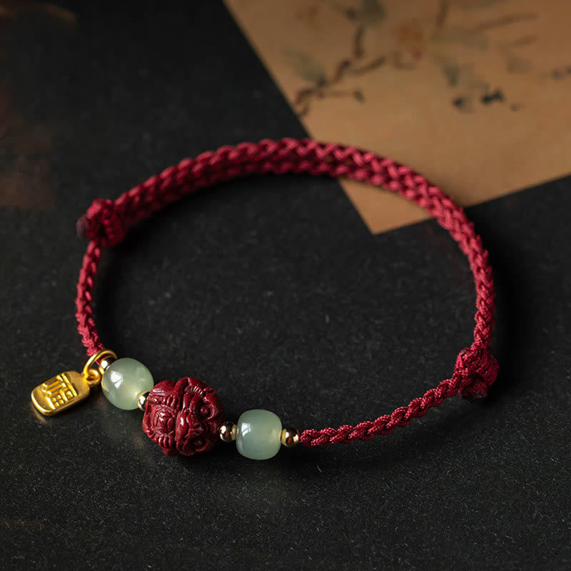 Pulsera de cuerda de la suerte con carácter de Jade Hetian del zodíaco chino cinabrio Natural de Buddha Stones