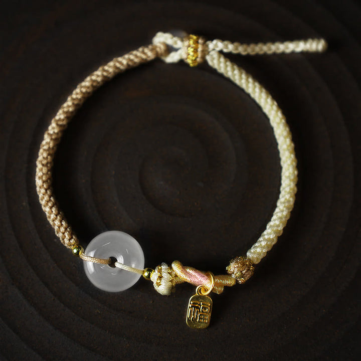 Pulsera de cuerda tejida hecha a mano de ágata blanca con hebilla de paz y suerte y protección