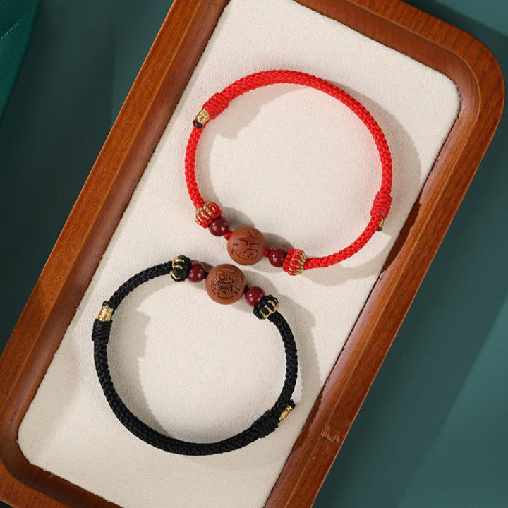 Pulsera de riqueza de cinabrio tallada con carácter del zodíaco chino, madera de melocotón Natural, Buddha Stones