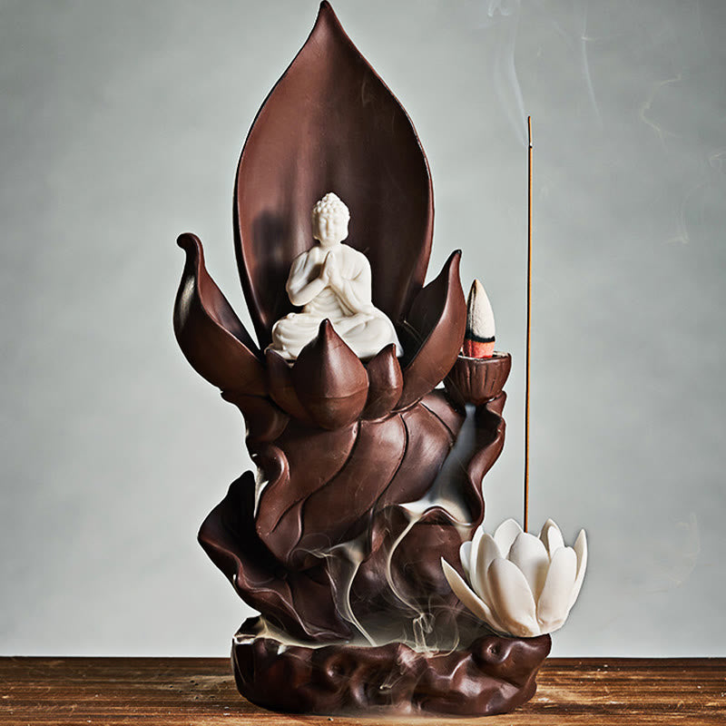 Quemador de incienso de arcilla púrpura, iluminación, Buddha Stones de loto, Avalokitesvara, decoración