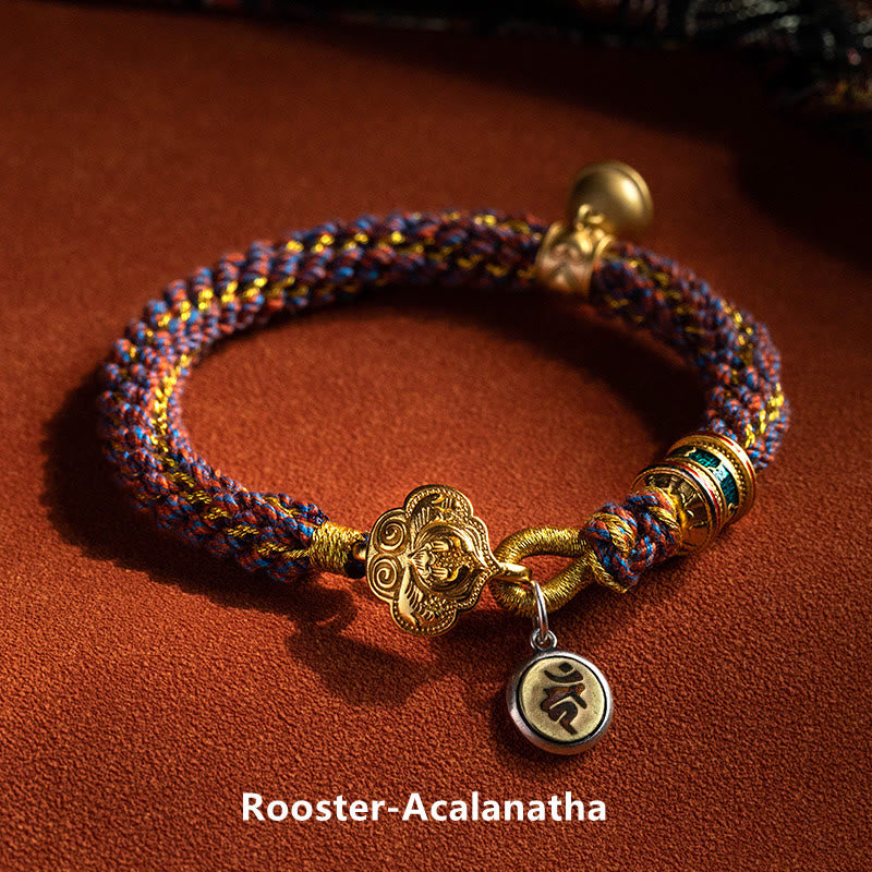 Pulsera de cuerda trenzada con campana de la suerte, Om Mani Padme Hum, Buda natal del zodíaco chino, Plata de Ley 925 con Buddha Stones