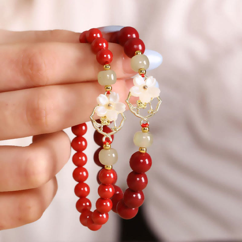 Pulsera de bendición de flores de piedra Tridacna con cuentas de jade cinabrio Natural de Buddha Stones