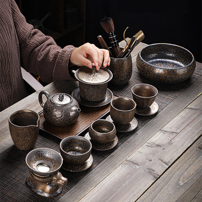Taza de té y platillo de cerámica con esmalte de óxido Retro, Buddha Stones , Gaiwan Sancai, Kung Fu, con tapa