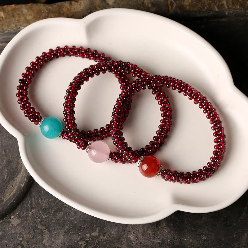 Pulsera de protección de cuentas de amazonita de ágata roja de cristal rosa granate natural con Buddha Stones