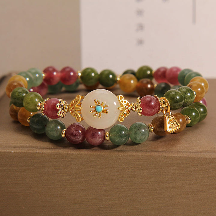 Pulsera de doble vuelta con flor de jade positivo de turmalina multicolor natural de Buddha Stones