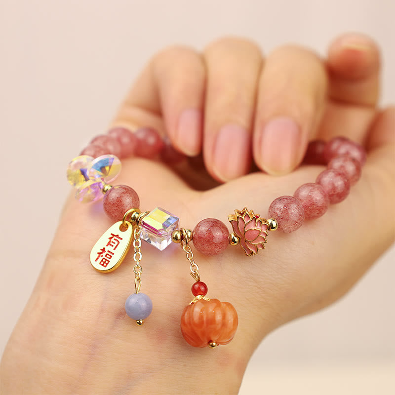 Pulsera positiva con dije de calabaza con personaje Fu de cuarzo fresa natural con Buddha Stones