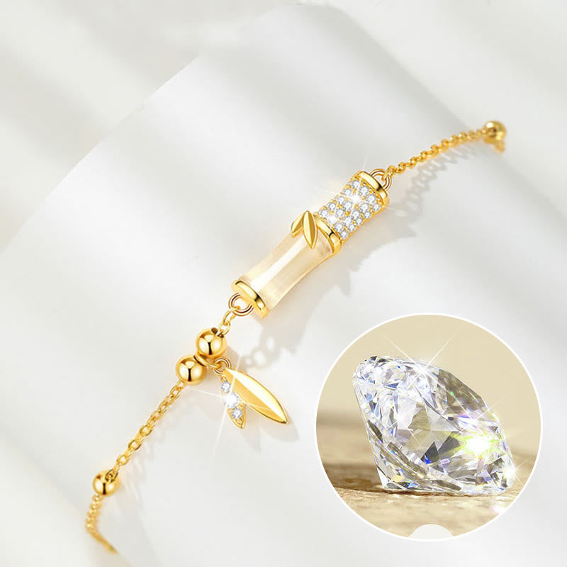 Pulsera de la suerte con hojas de circón de bambú y jade blanco chapada en oro de 18 quilates de plata de ley 925 con Buddha Stones